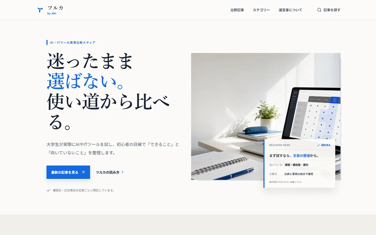 ツルカのトップページ。AI・ITツールを使い道から比べる比較記事サイト